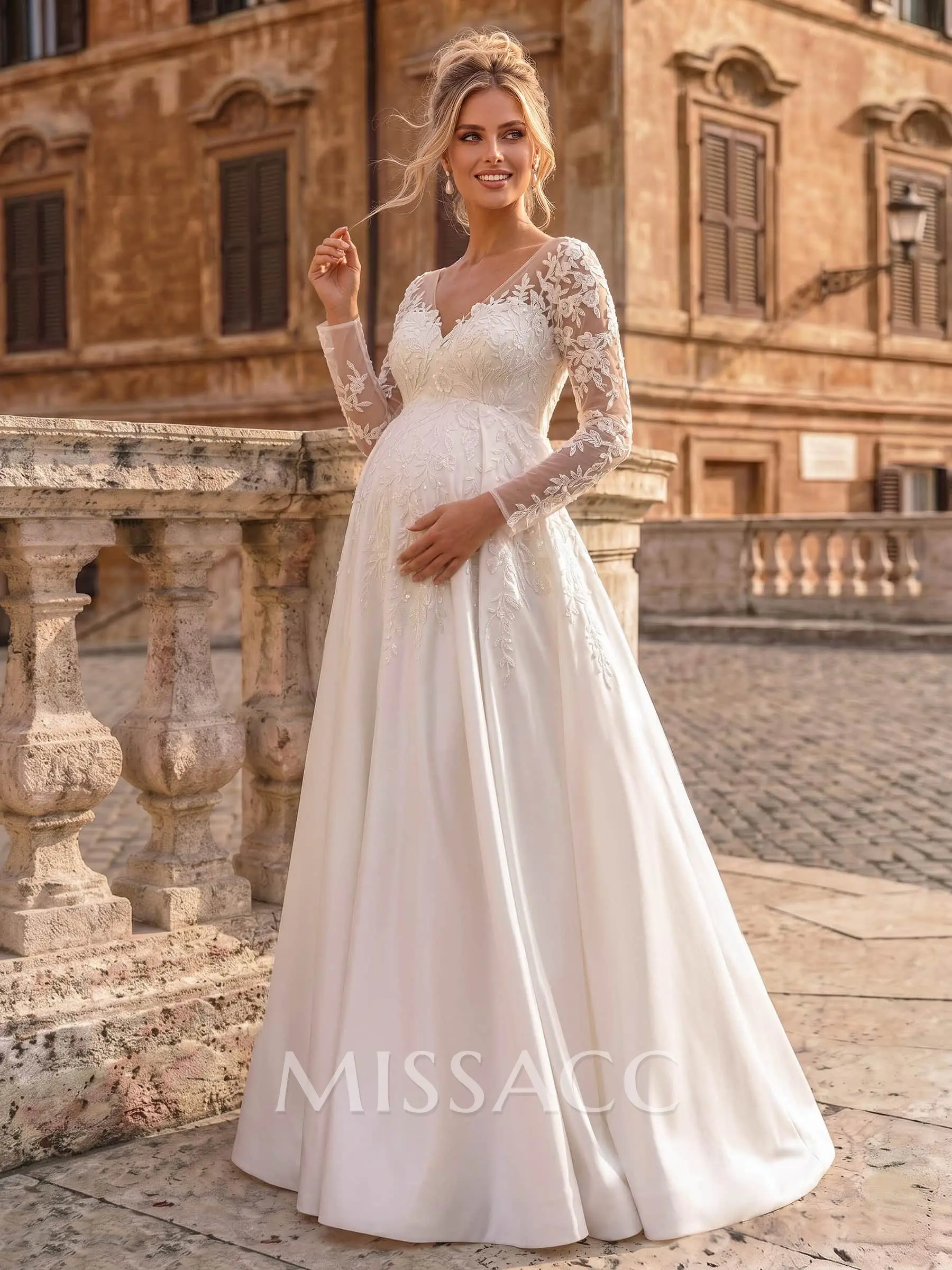 A-Line V-Neck Long Sleeves Floor-Length Satin Maternity Wedding Dresses With Appliques Lace