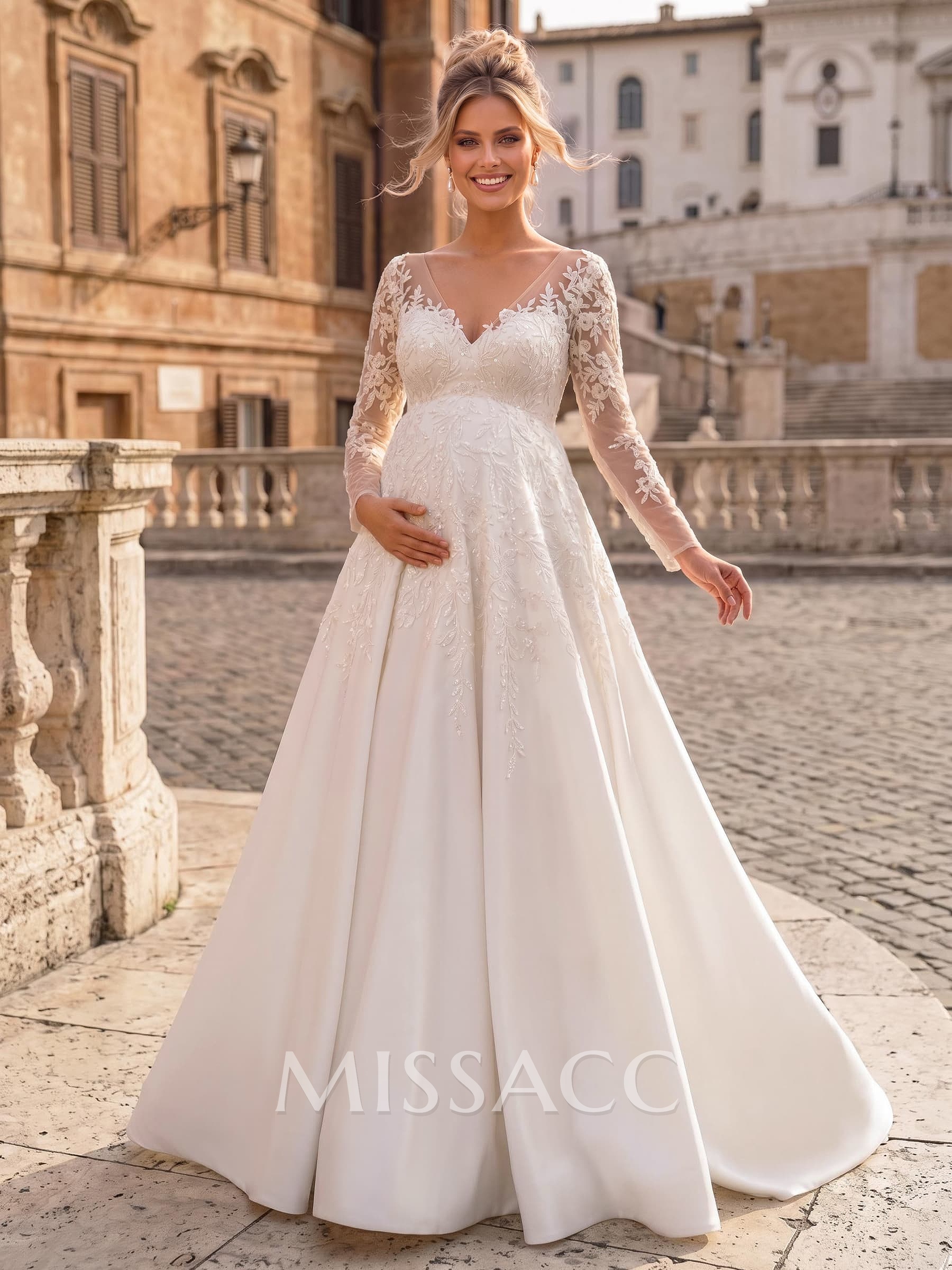 A-Line V-Neck Long Sleeves Floor-Length Satin Maternity Wedding Dresses With Appliques Lace