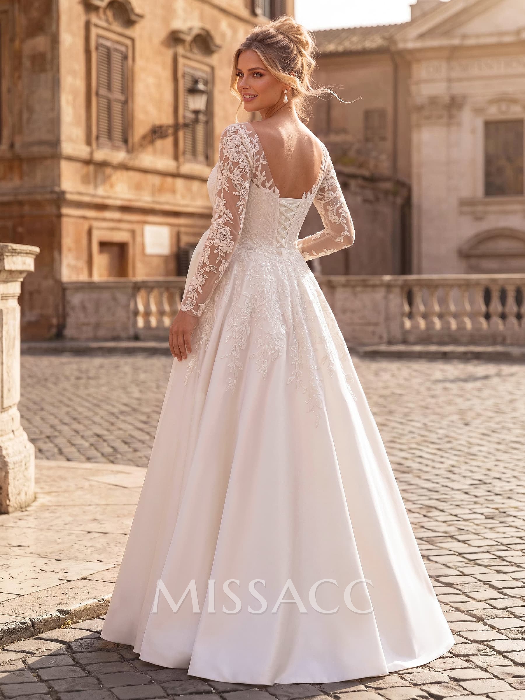 A-Line V-Neck Long Sleeves Floor-Length Satin Maternity Wedding Dresses With Appliques Lace
