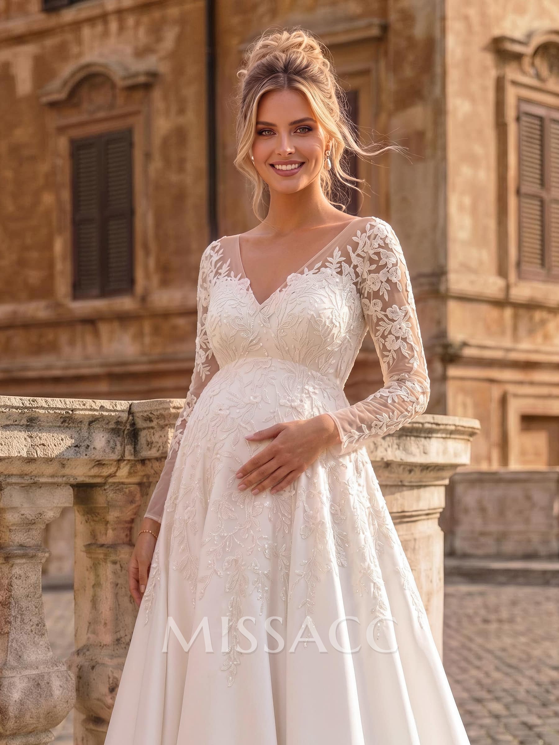 A-Line V-Neck Long Sleeves Floor-Length Satin Maternity Wedding Dresses With Appliques Lace