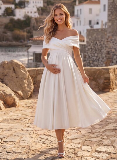 A-Line Off-The-Shoulder Cape Sleeves Tea-Length Satin Maternity Wedding Dresses With Pockets/Pleated