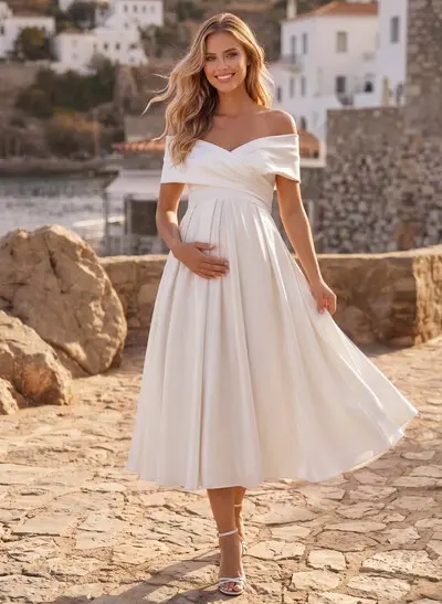 A-Line Off-The-Shoulder Cape Sleeves Tea-Length Satin Maternity Wedding Dresses With Pockets/Pleated