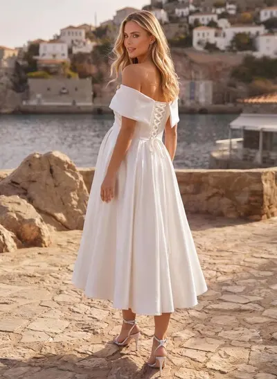 A-Line Off-The-Shoulder Cape Sleeves Tea-Length Satin Maternity Wedding Dresses With Pockets/Pleated