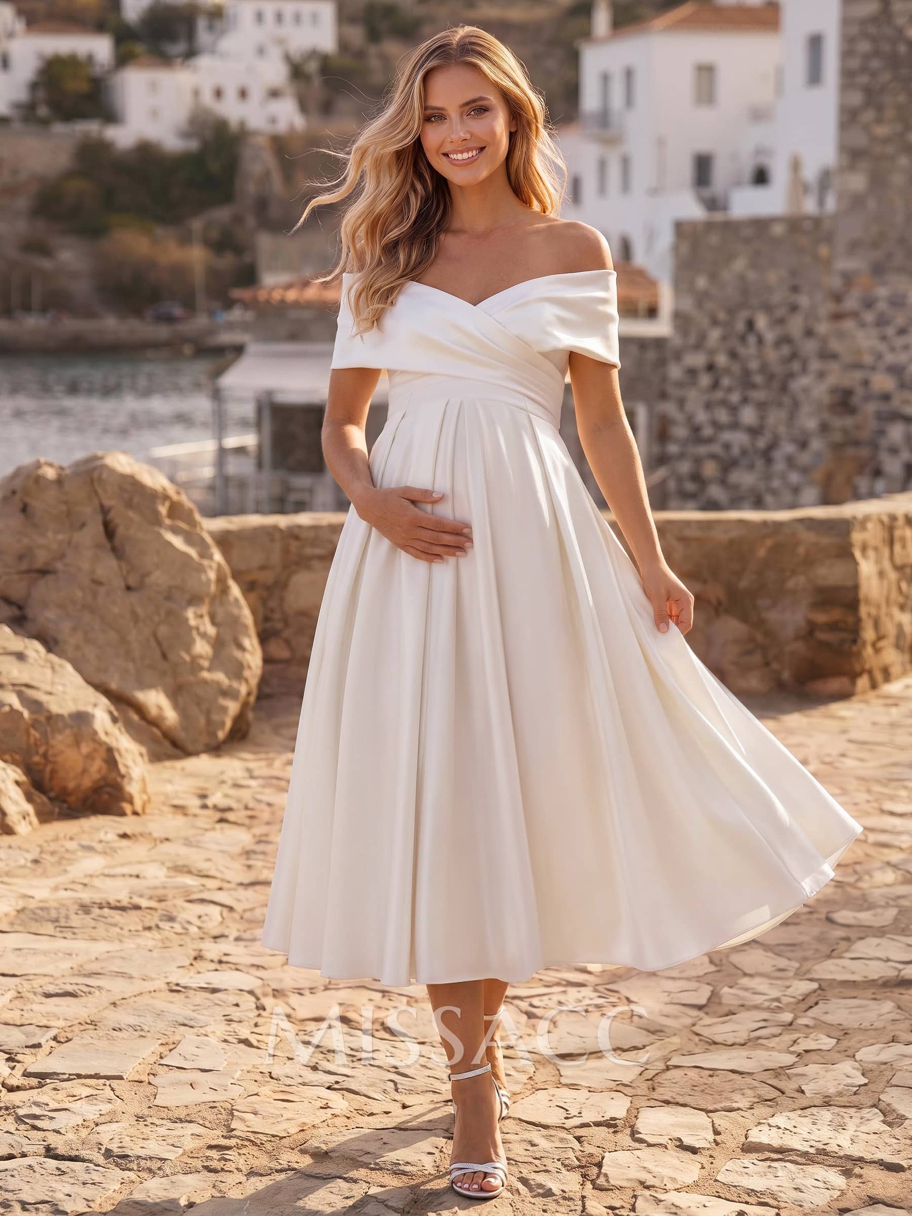 A-Line Off-The-Shoulder Cape Sleeves Tea-Length Satin Maternity Wedding Dresses With Pockets/Pleated