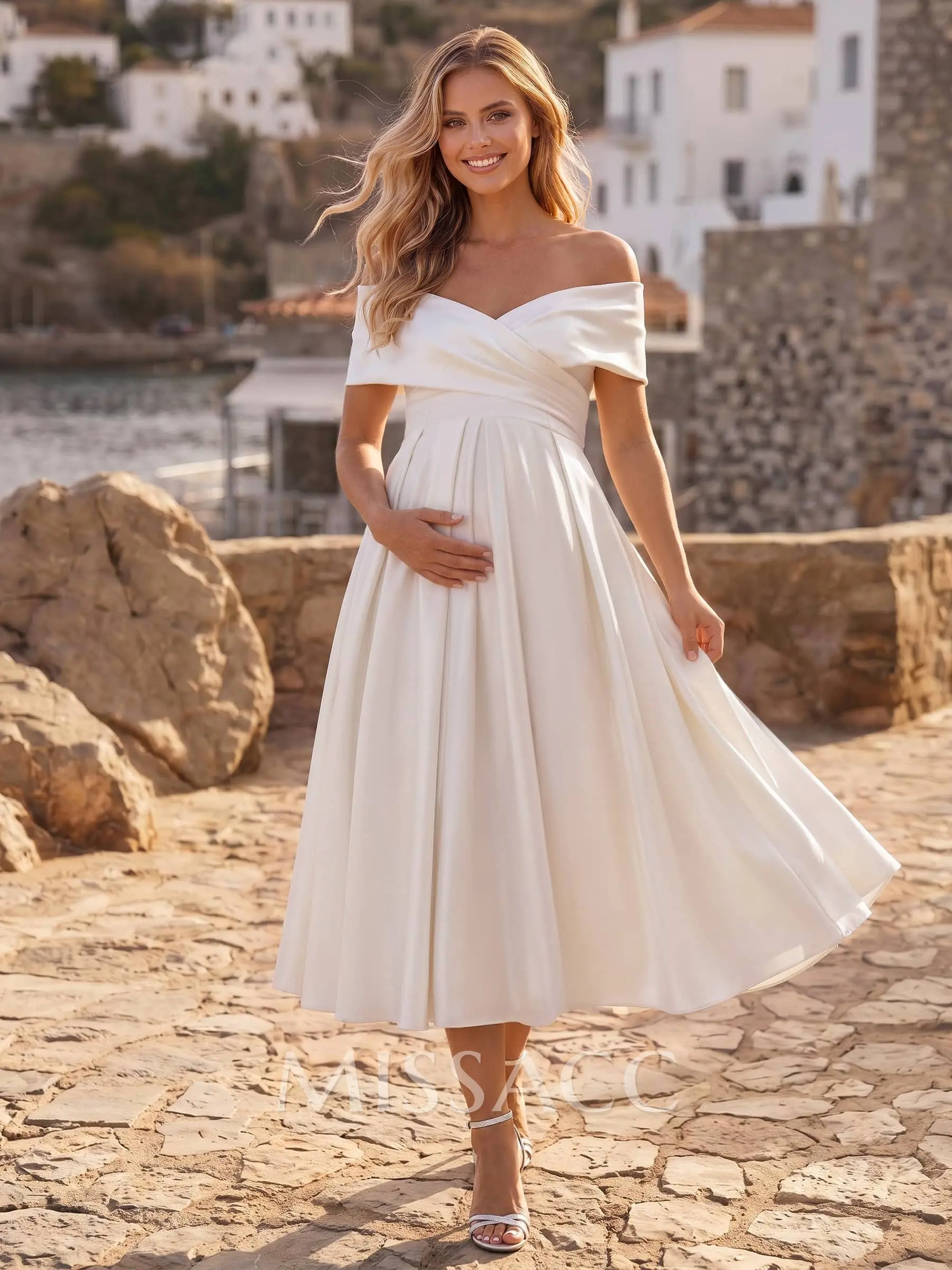 A-Line Off-The-Shoulder Cape Sleeves Tea-Length Satin Maternity Wedding Dresses With Pockets/Pleated