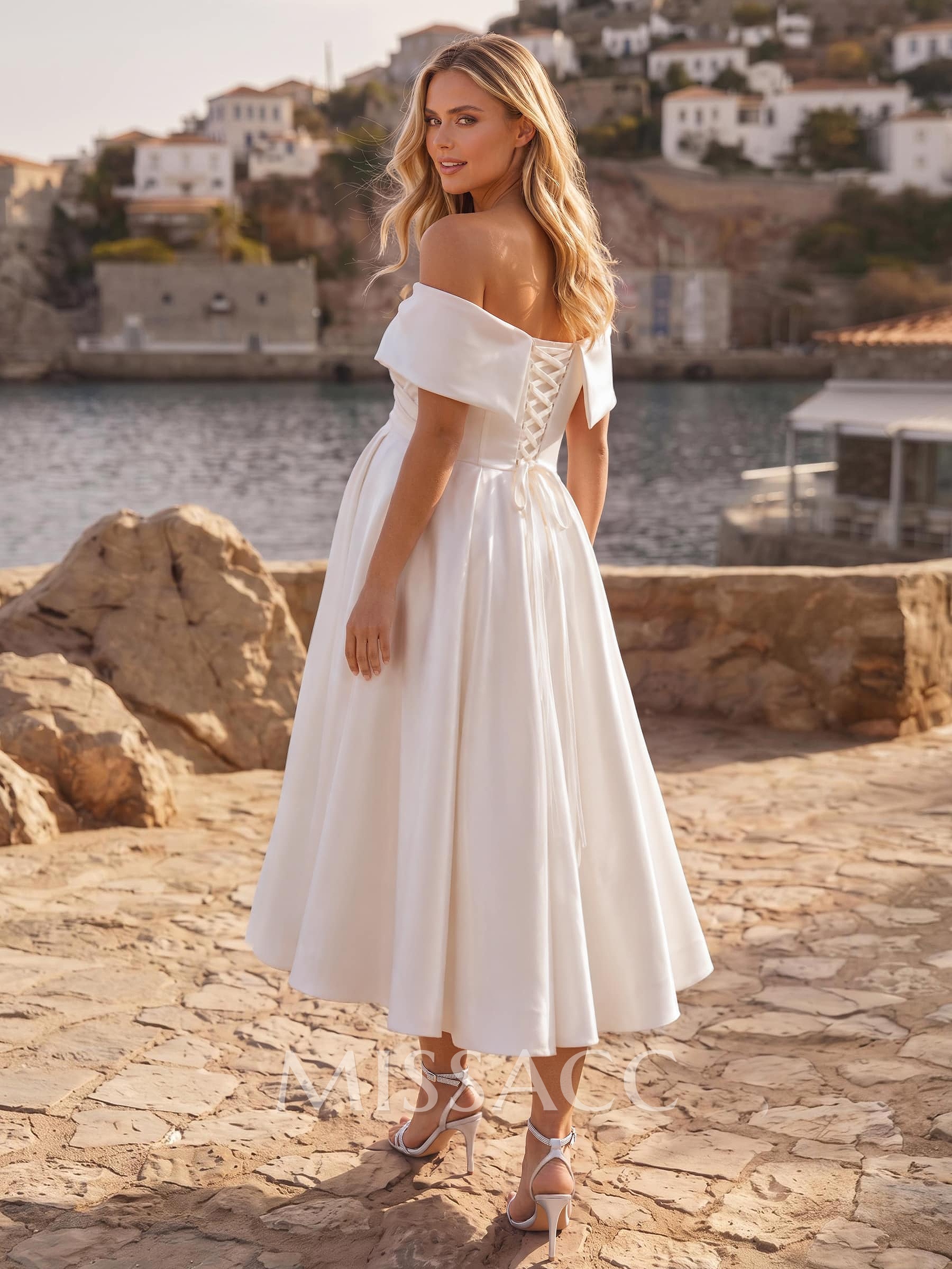 A-Line Off-The-Shoulder Cape Sleeves Tea-Length Satin Maternity Wedding Dresses With Pockets/Pleated