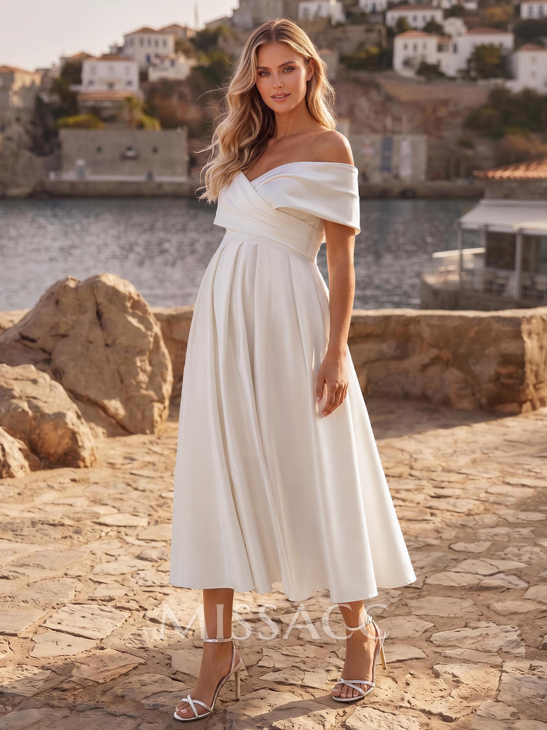 A-Line Off-The-Shoulder Cape Sleeves Tea-Length Satin Maternity Wedding Dresses With Pockets/Pleated