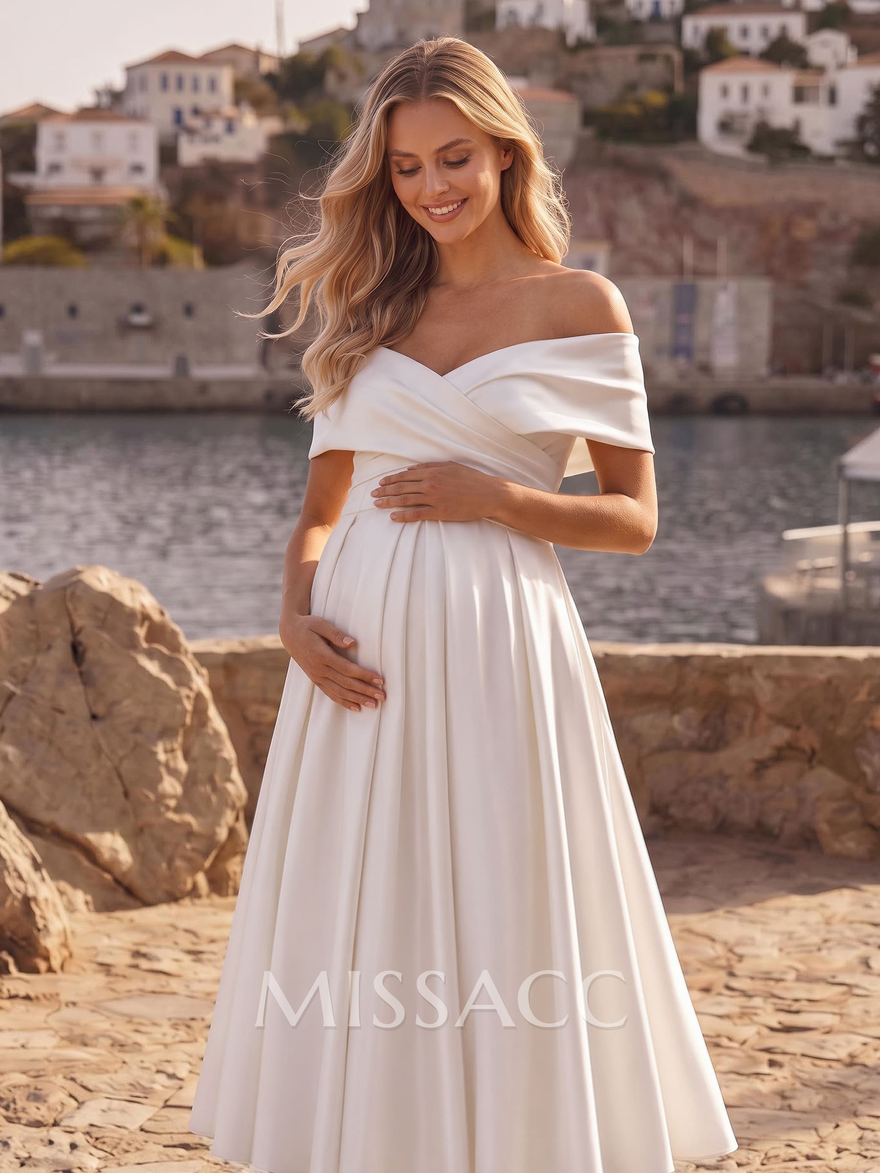 A-Line Off-The-Shoulder Cape Sleeves Tea-Length Satin Maternity Wedding Dresses With Pockets/Pleated