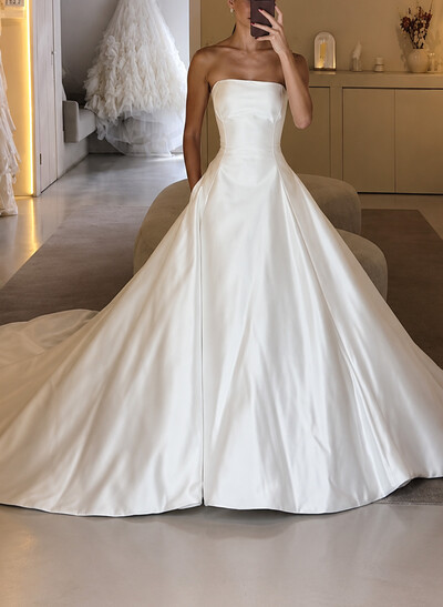 Ball-Gown Strapless Sleeveless Royal Twill Satin Wedding Dresses