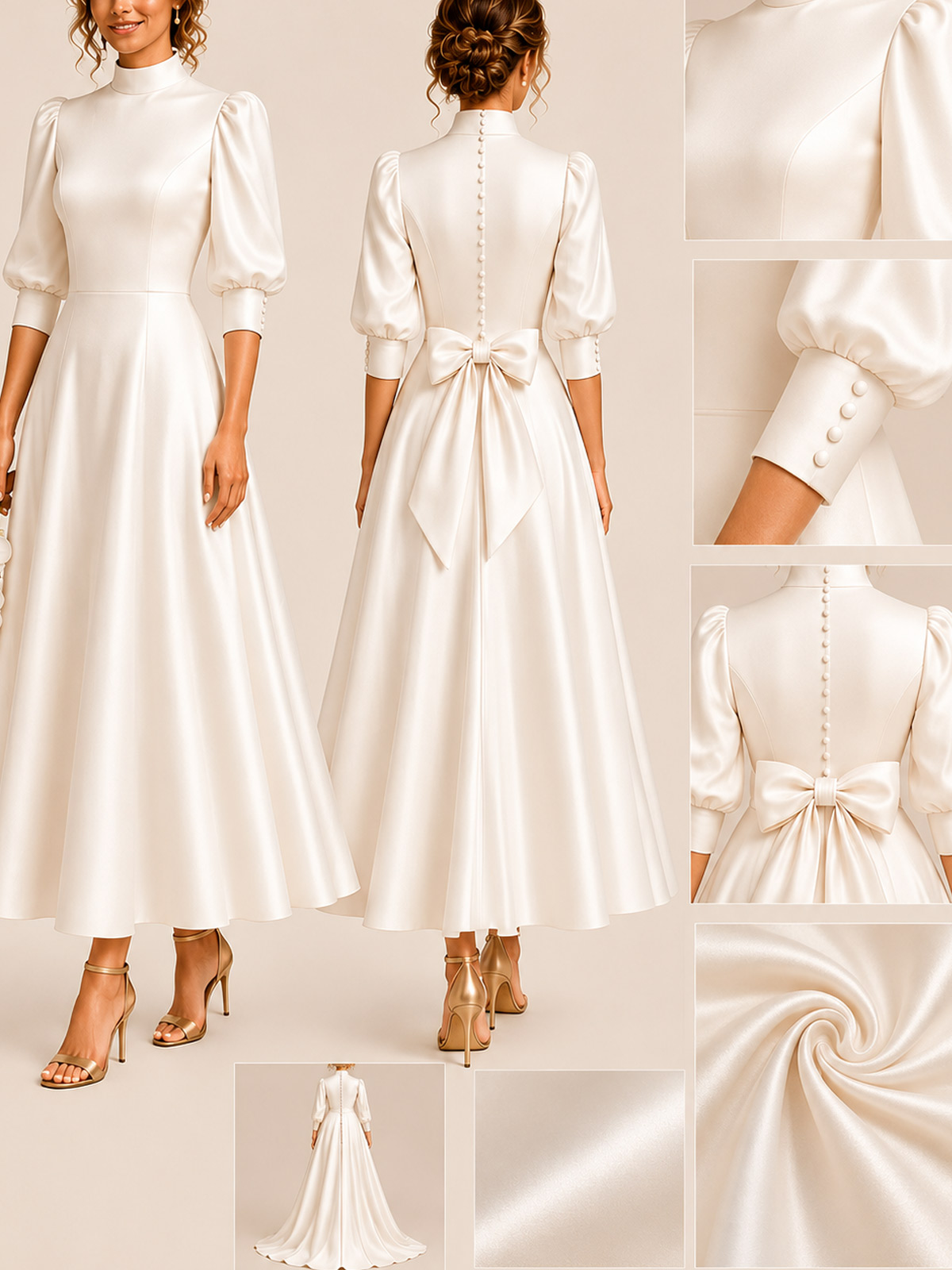 A-Line High Neck 3/4 Sleeves Ankle-Grazer Matte Satin Wedding Dresses With Bow