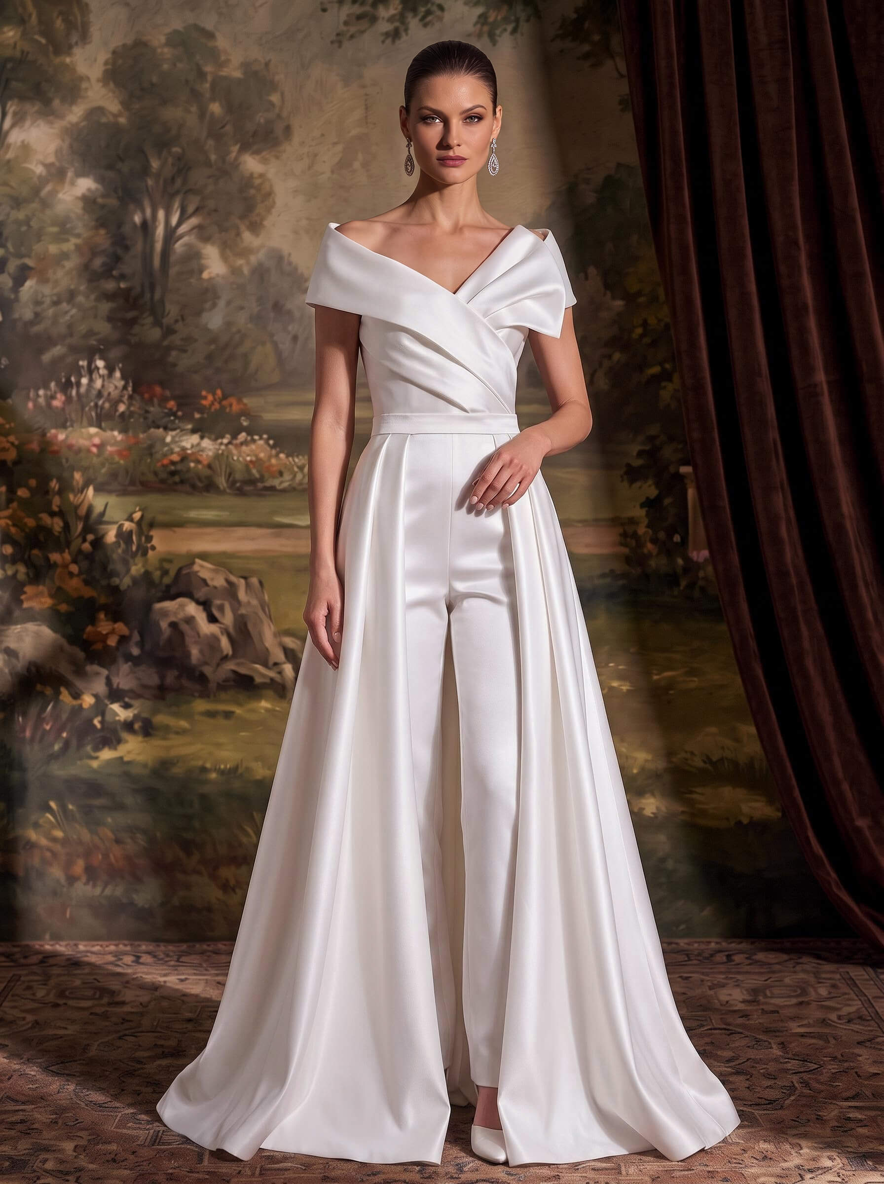 Jumpsuit/Pantsuit V-Neck Cape Sleeves Floor-Length Matte Satin Wedding Dresses With Overskirt Dress