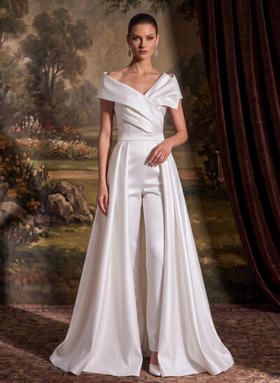 Jumpsuit/Pantsuit V-Neck Cape Sleeves Floor-Length Matte Satin Wedding Dresses With Overskirt Dress