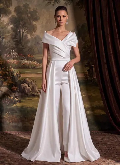 Jumpsuit/Pantsuit V-Neck Cape Sleeves Floor-Length Matte Satin Wedding Dresses With Overskirt Dress