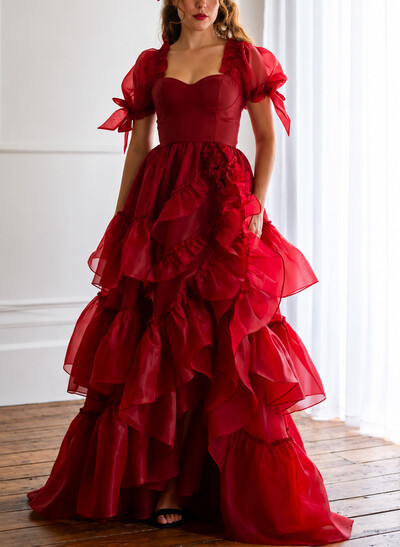 Ball-Gown Sweetheart Short Sleeves Court Train Lace/Satin Wedding Dresses With Ruffle/Bow/Shoulder Ruffle