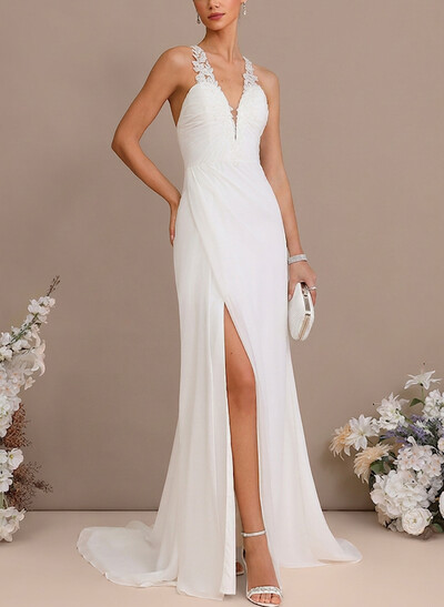 Sheath/Column V-Neck Sleeveless Sweep Train Chiffon Wedding Dresses With High Split