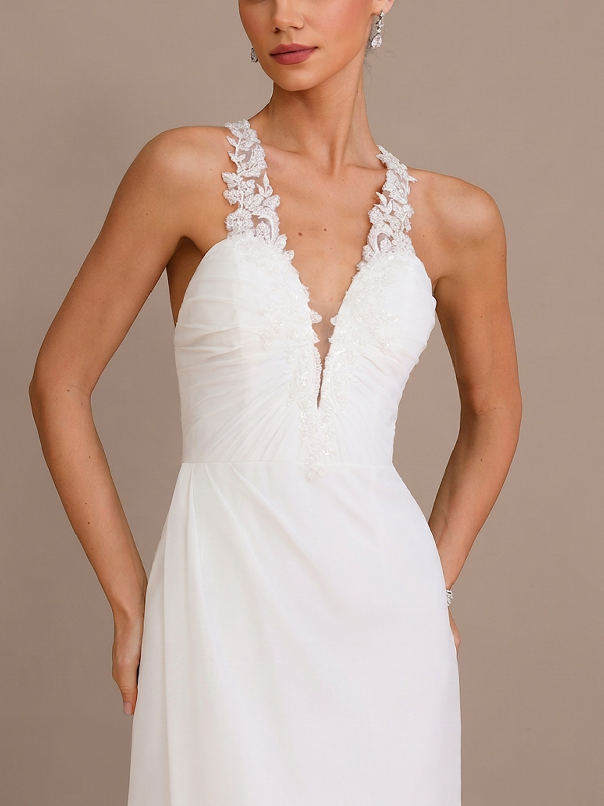 Sheath/Column V-Neck Sleeveless Sweep Train Chiffon Wedding Dresses With High Split