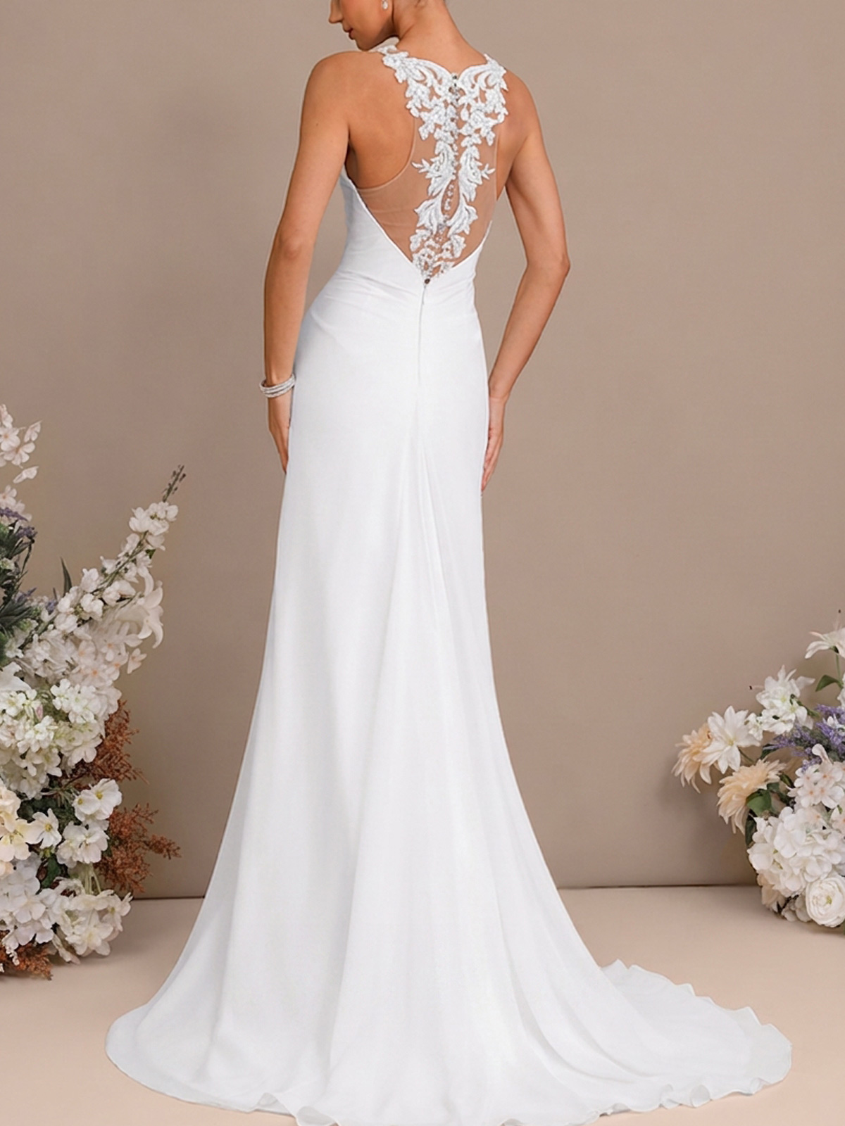 Sheath/Column V-Neck Sleeveless Sweep Train Chiffon Wedding Dresses With High Split