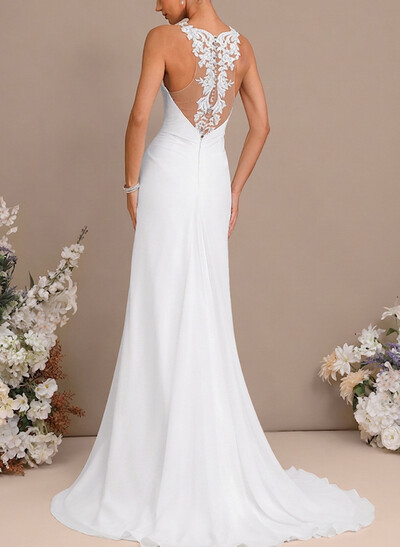 Sheath/Column V-Neck Sleeveless Sweep Train Chiffon Wedding Dresses With High Split