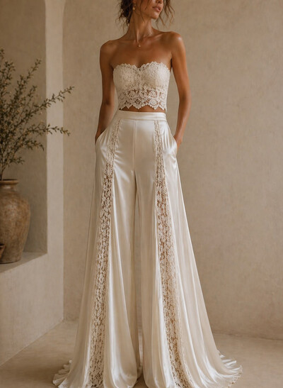 Two Piece Strapless Sleeveless Sweep Train Stretch Satin Wedding Dresses With Appliques Lace