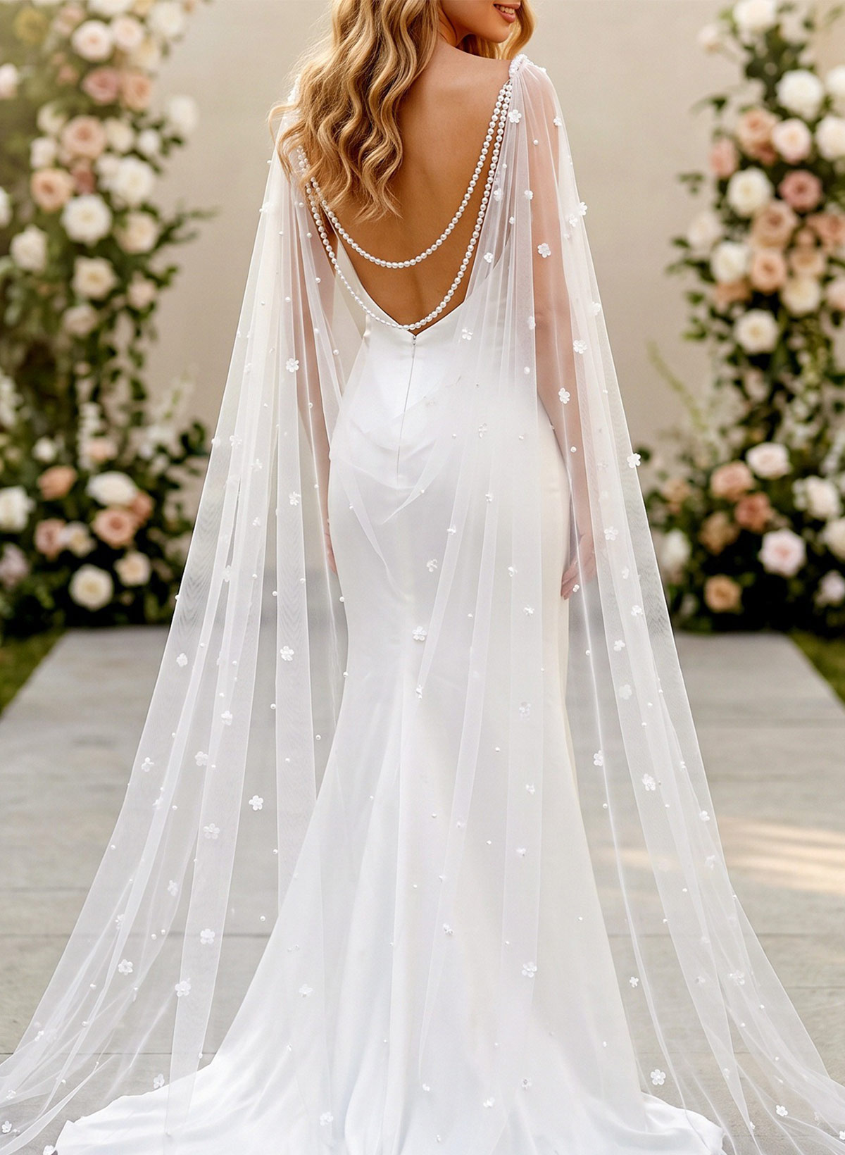 Open Front Tulle Cape With Flower/Lace