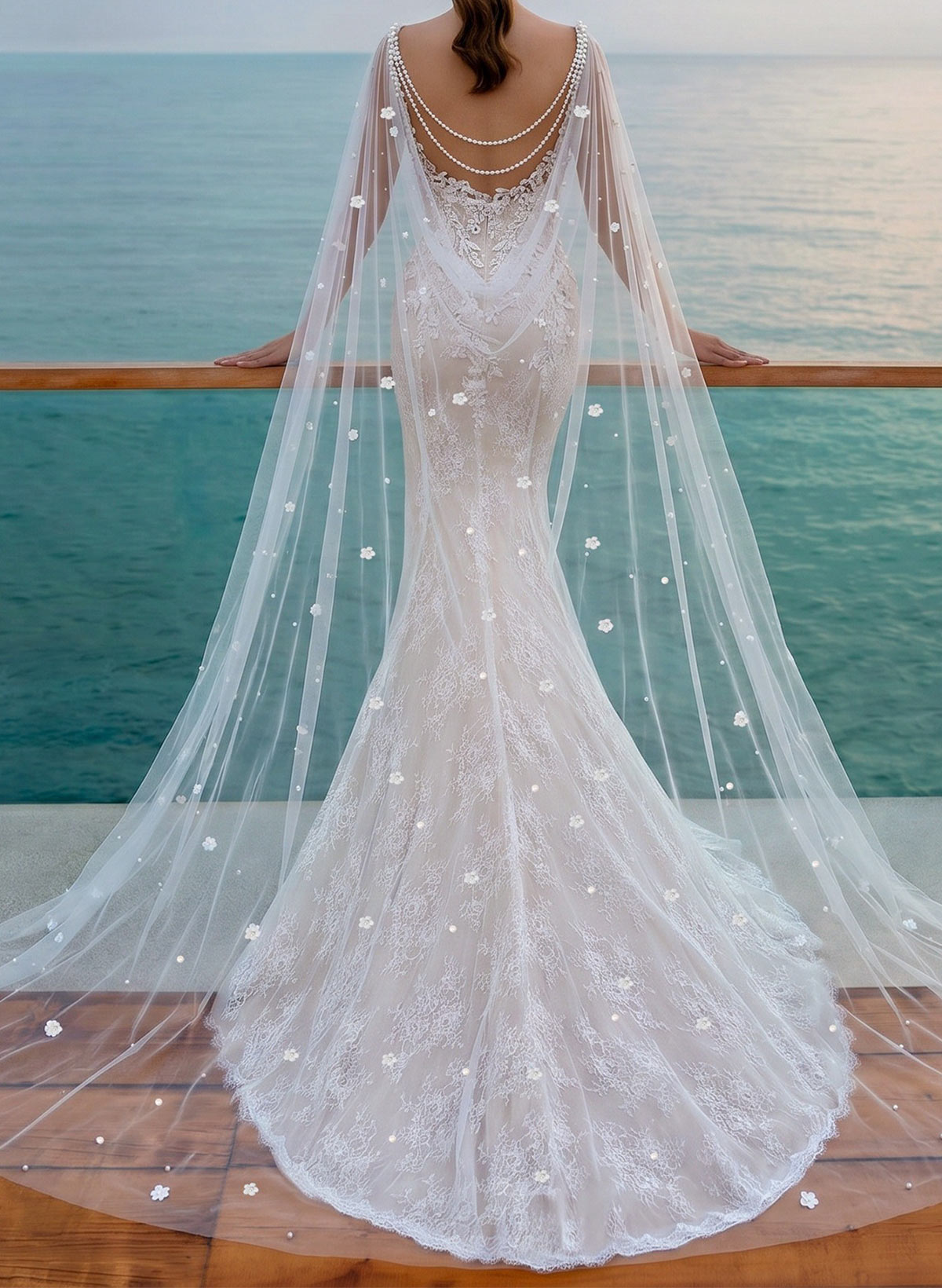 Open Front Tulle Cape With Flower/Lace