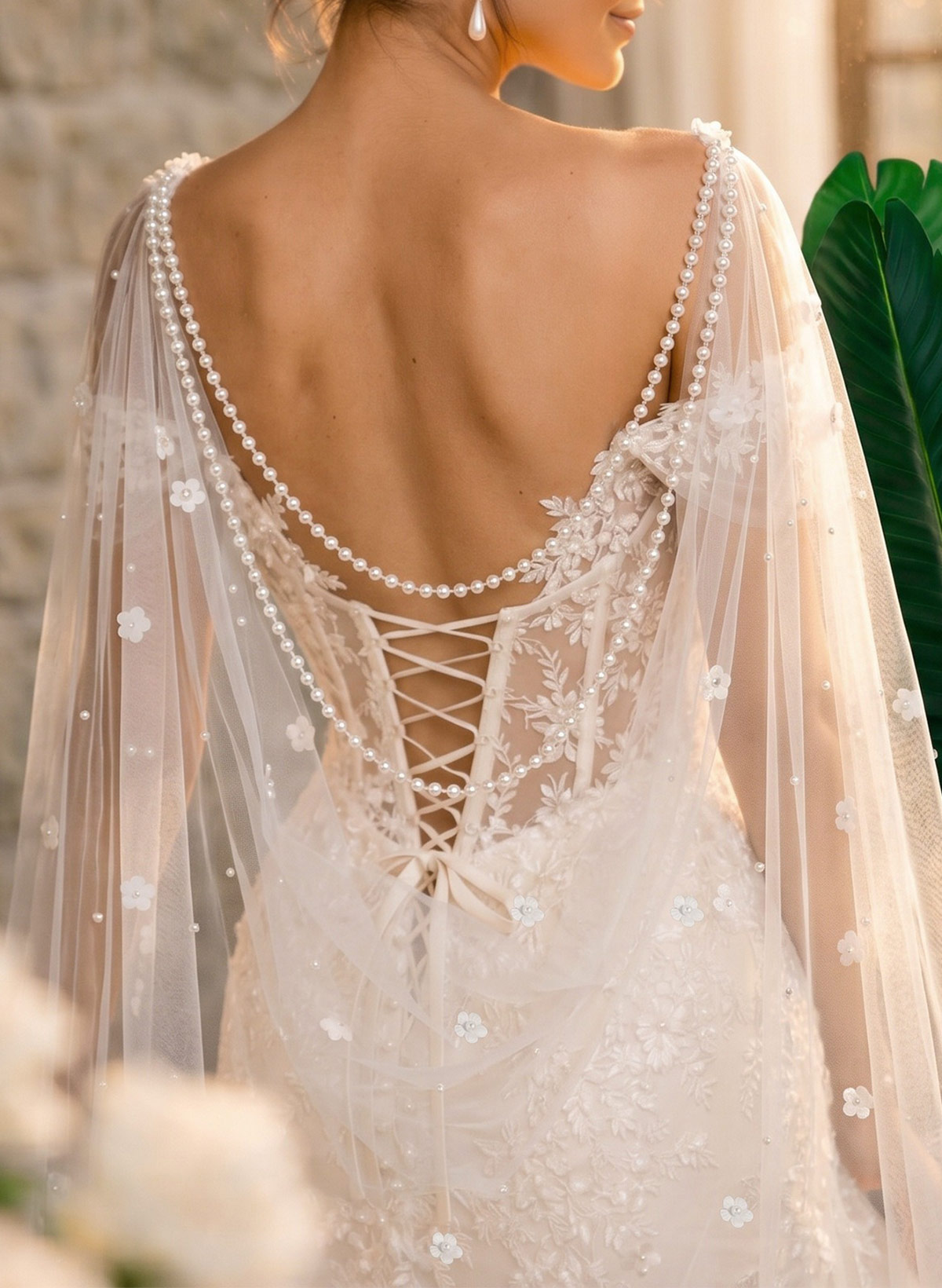 Open Front Tulle Cape With Flower/Lace