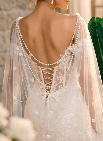 Open Front Tulle Cape With Flower/Lace