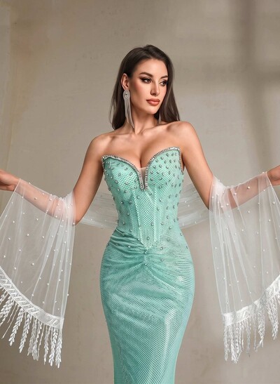 Open Front Tulle Shawl With Beading