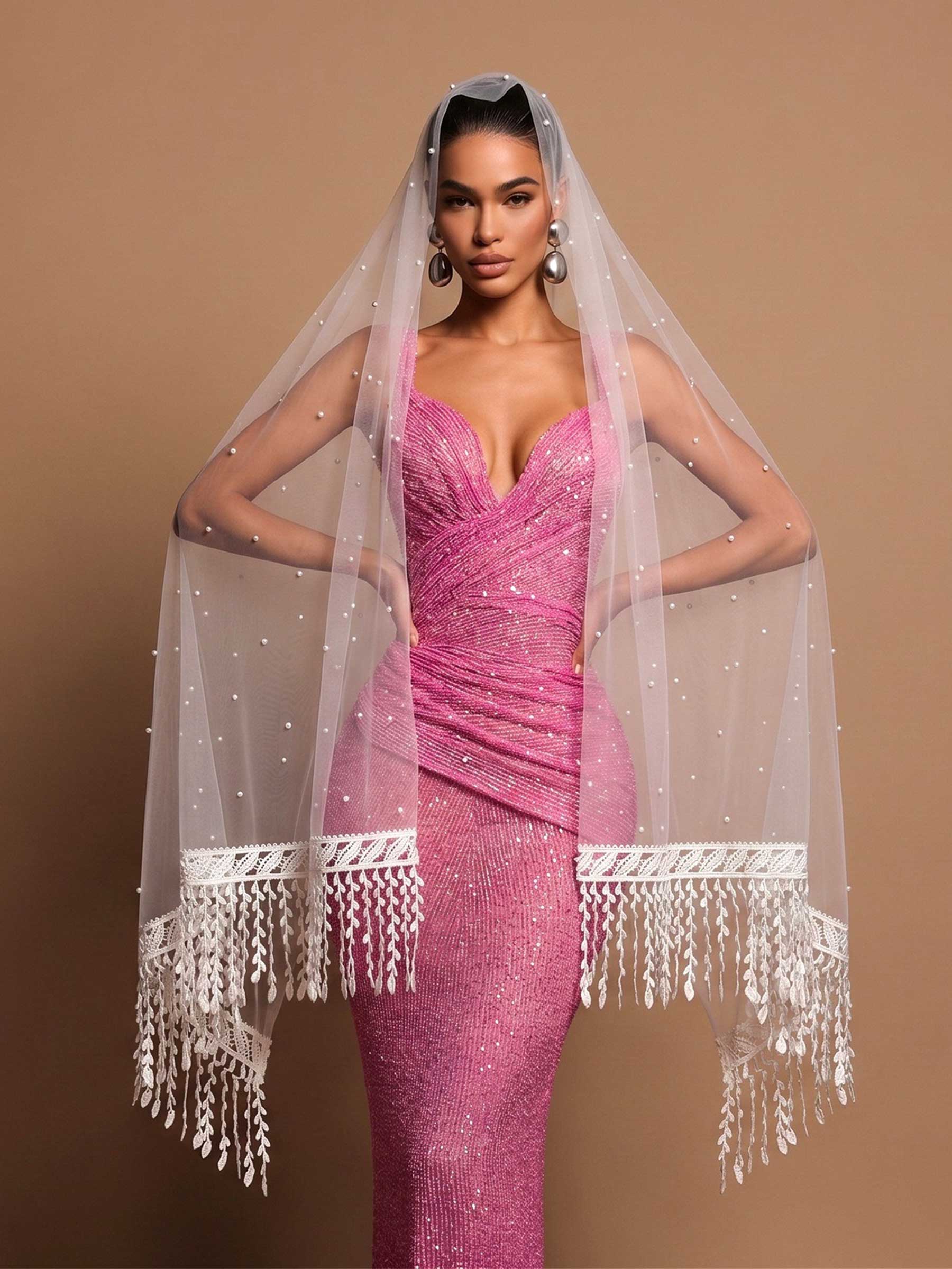 Open Front Tulle Shawl With Beading