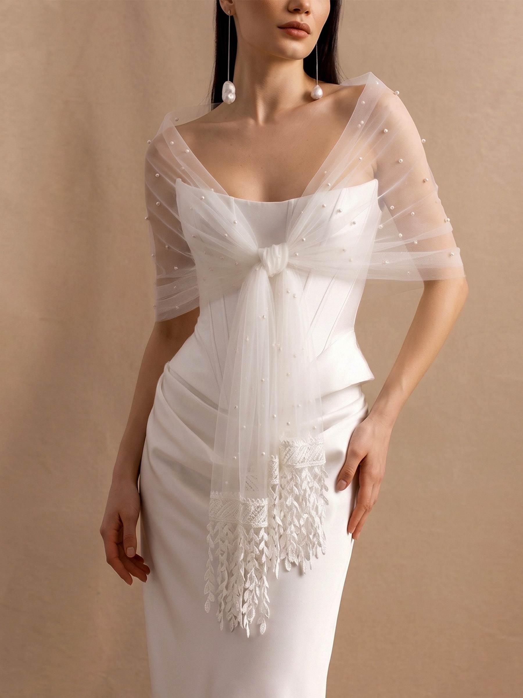 Open Front Tulle Shawl With Beading