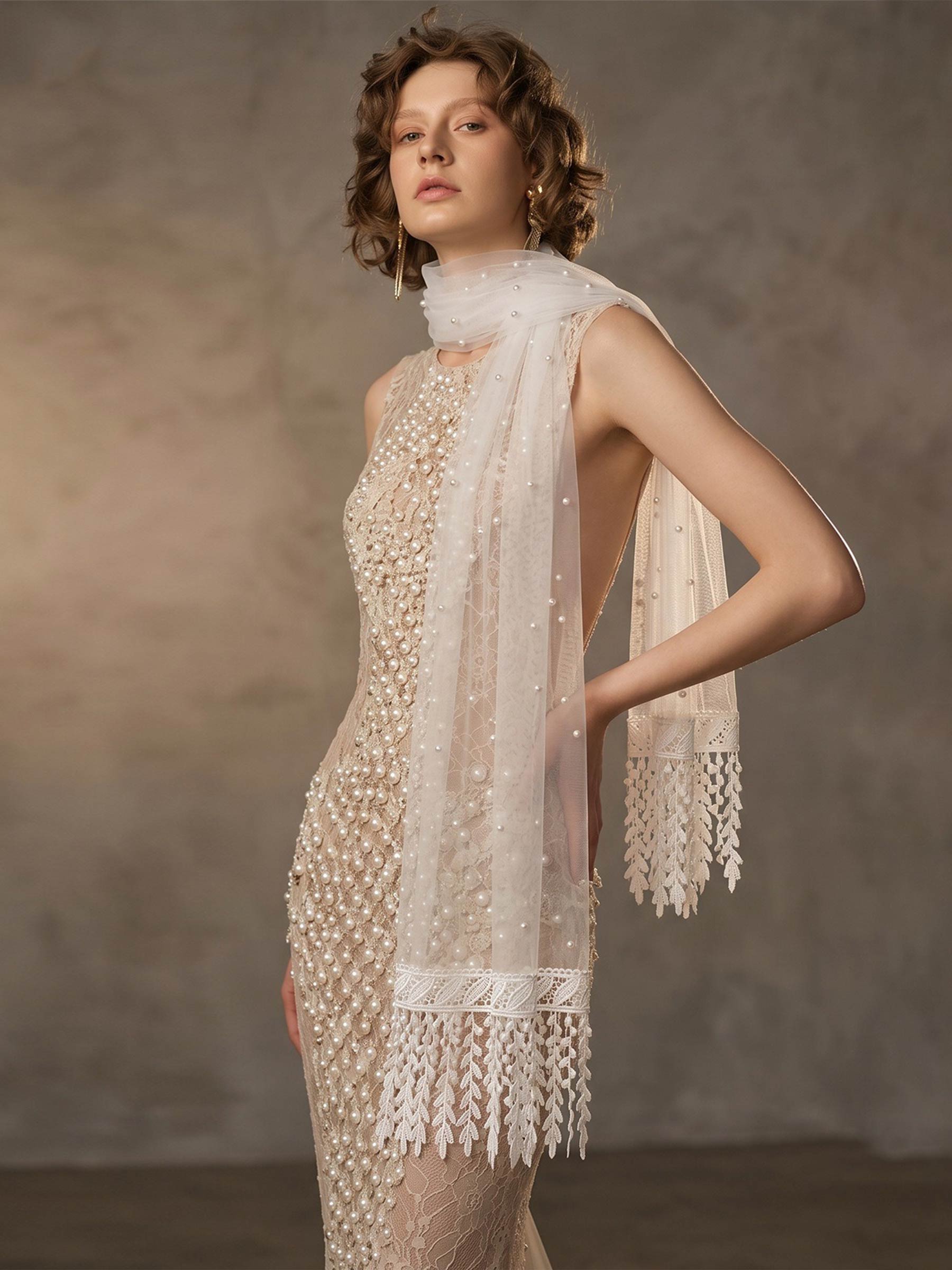 Open Front Tulle Shawl With Beading