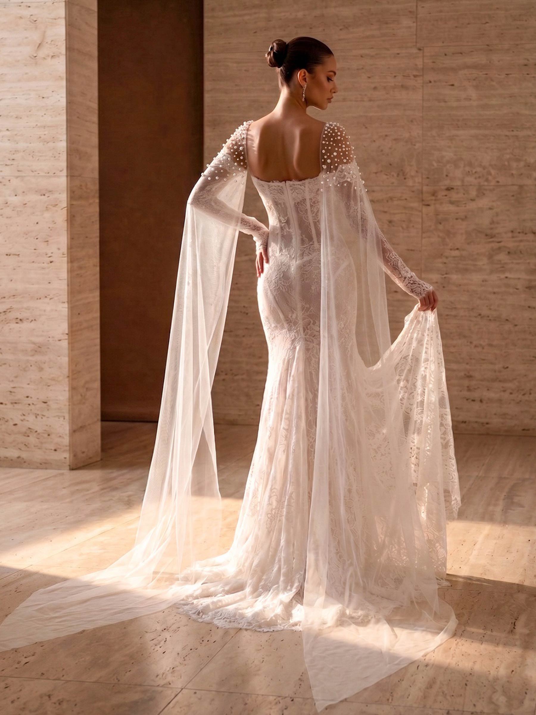 Open Front Tulle Cape With Beading