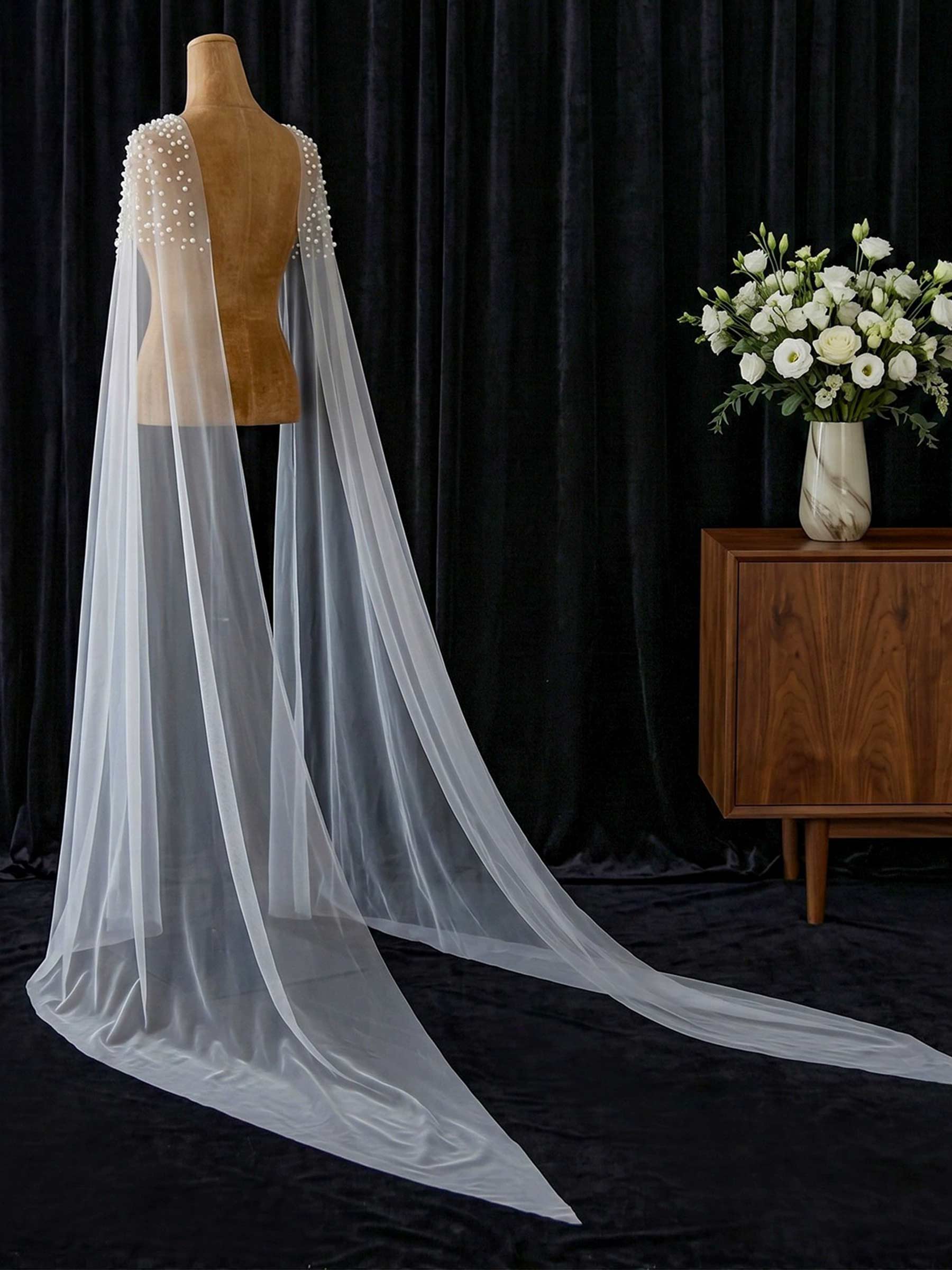 Open Front Tulle Cape With Beading