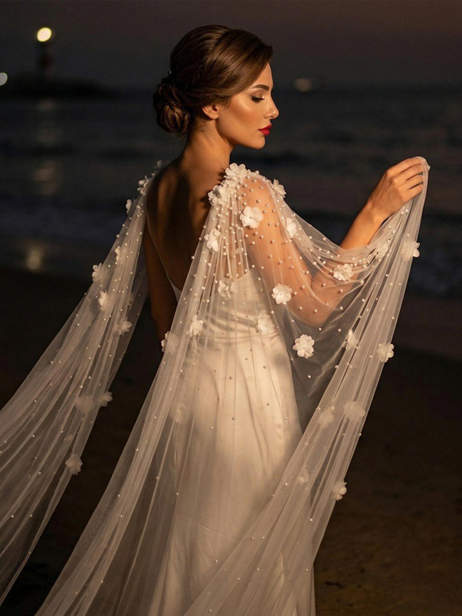 Open Front Tulle Cape With Beading