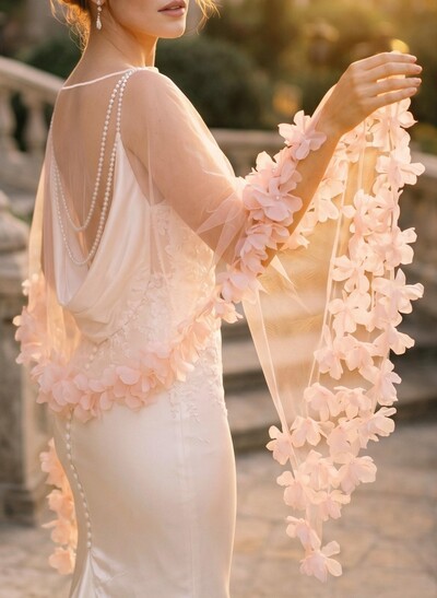 Open Front Tulle Shawl With Flower