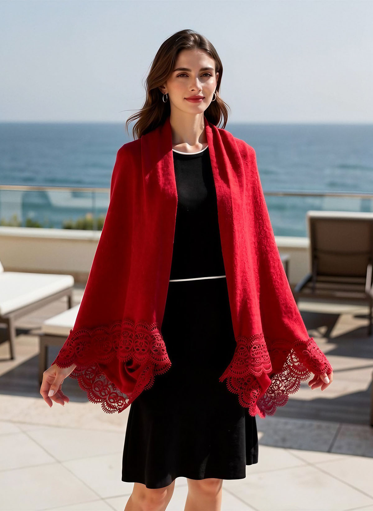Open Front Knit Shawl With Lace