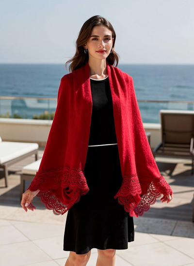 Open Front Knit Shawl With Lace