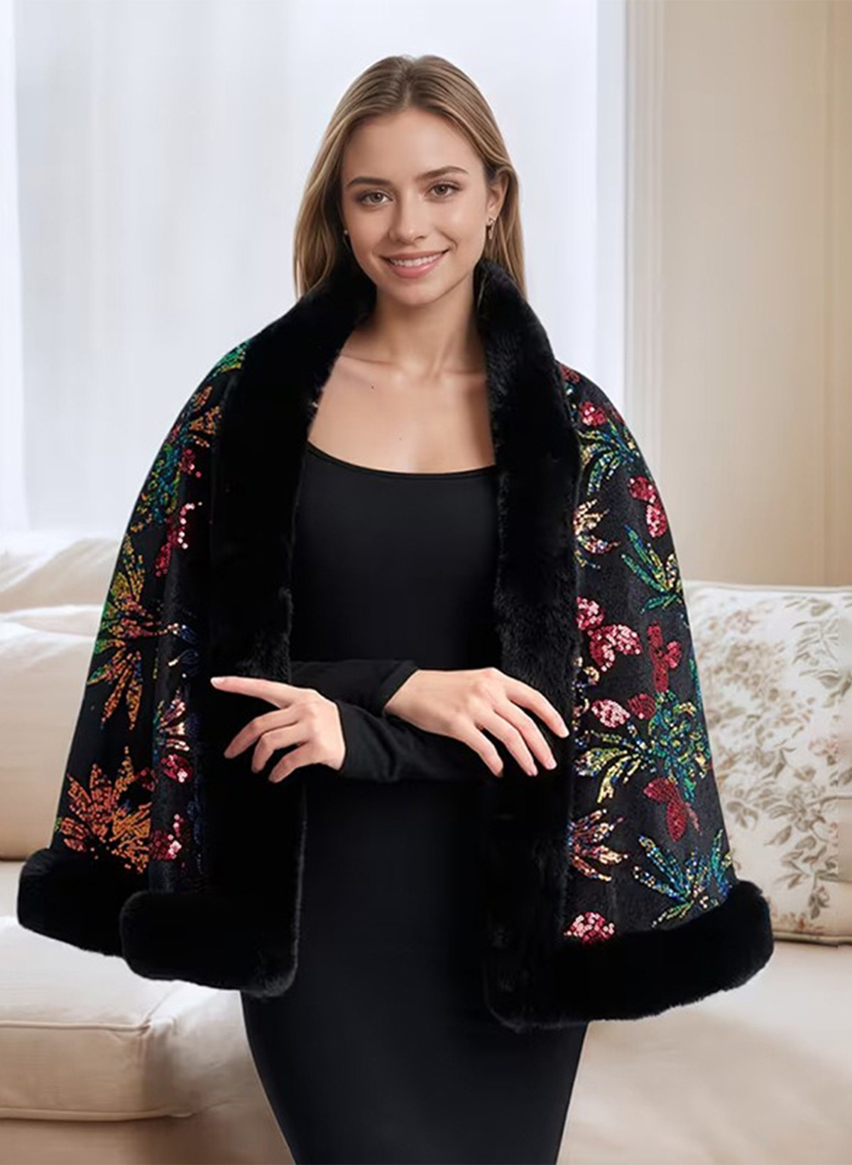 Open Front Faux Fur Shawl With Flower