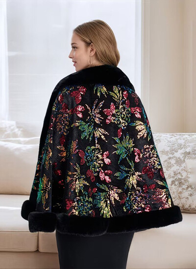 Open Front Faux Fur Shawl With Flower