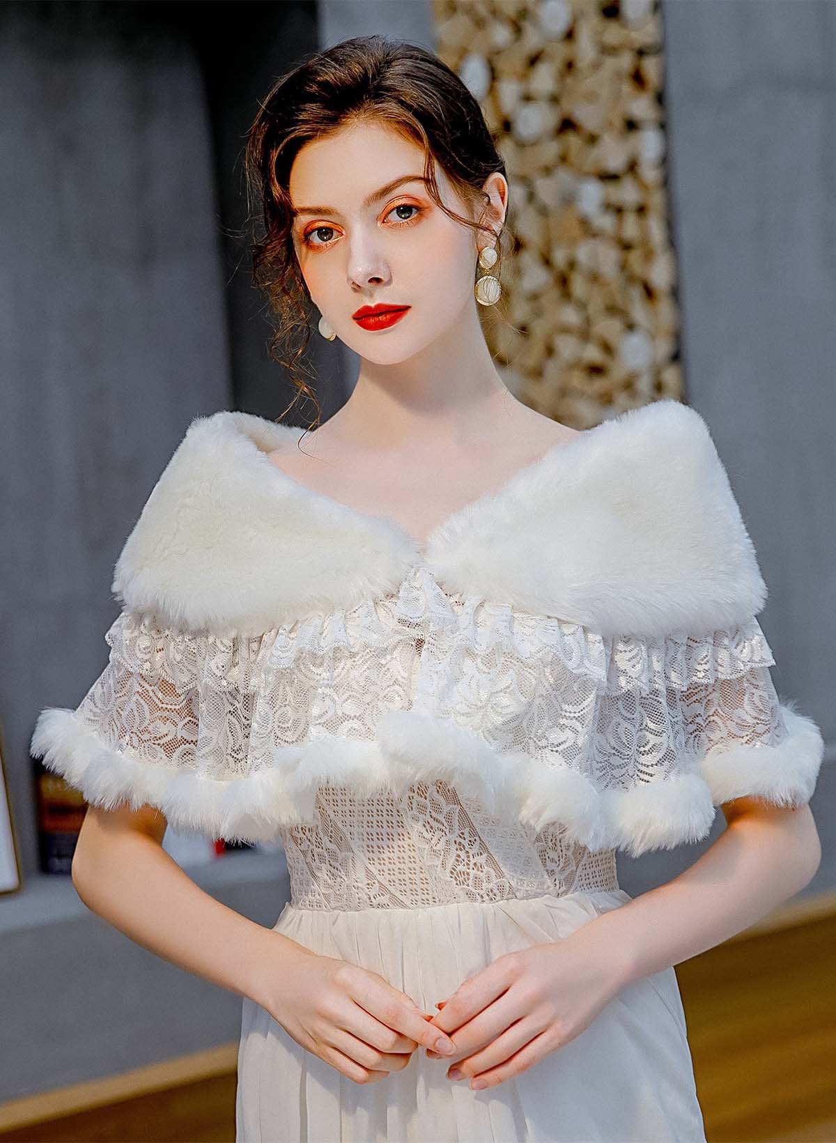 Clasp Faux Fur Shawl With Lace