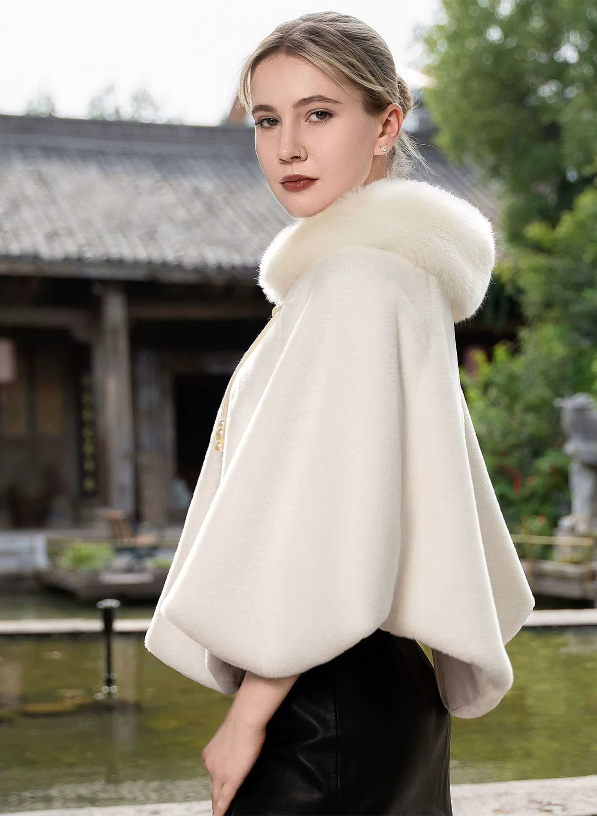Clasp Faux Fur Shawl With Beading