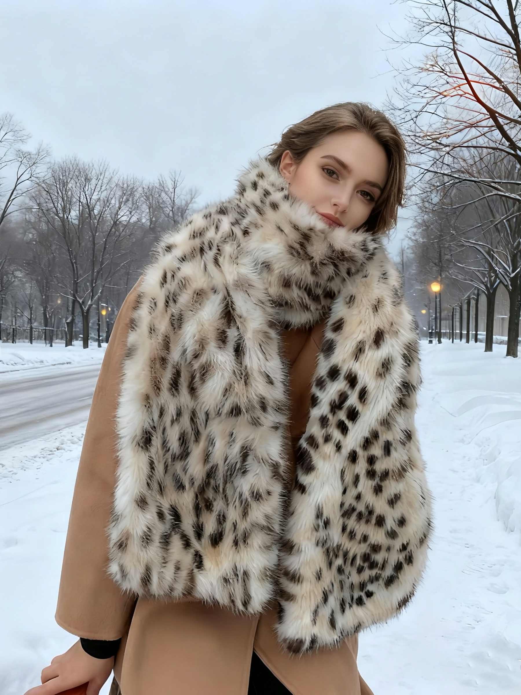 Leopard Print Faux Fur Scarf