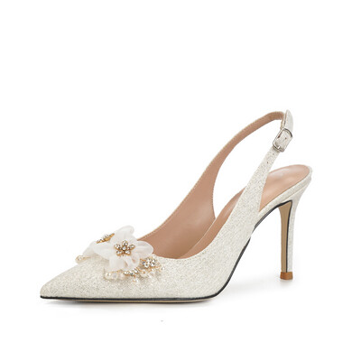 Stiletto Heel Sequin Mesh Point Toe Wedding Shoes With Flower