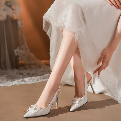 Stiletto Heel Sequin Mesh Point Toe Wedding Shoes With Flower