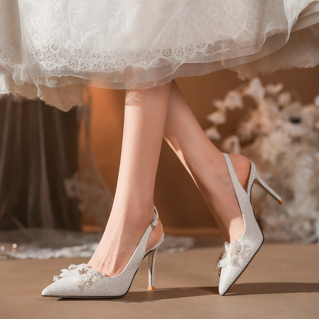 Stiletto Heel Sequin Mesh Point Toe Wedding Shoes With Flower