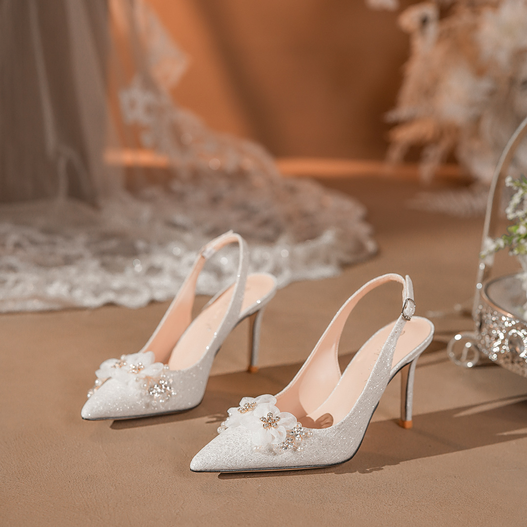 Stiletto Heel Sequin Mesh Point Toe Wedding Shoes With Flower