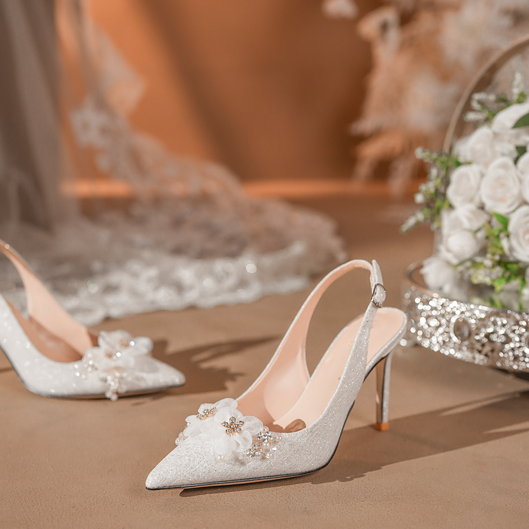 Stiletto Heel Sequin Mesh Point Toe Wedding Shoes With Flower