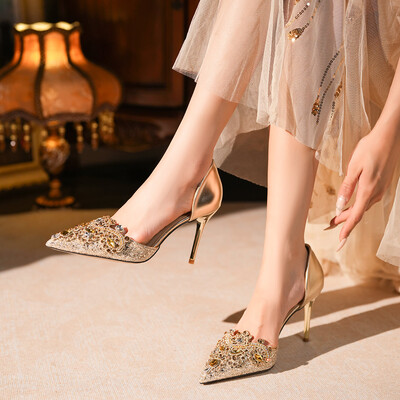 High Heel Glitter Point Toe Wedding Shoes With Rhinestone