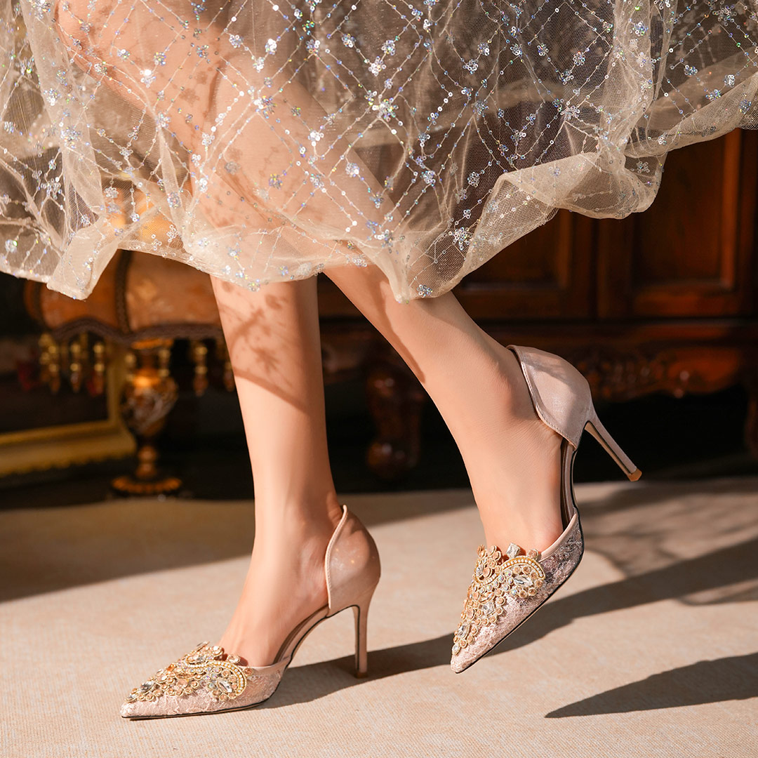 High Heel Mesh Point Toe Wedding Shoes With Rhinestone