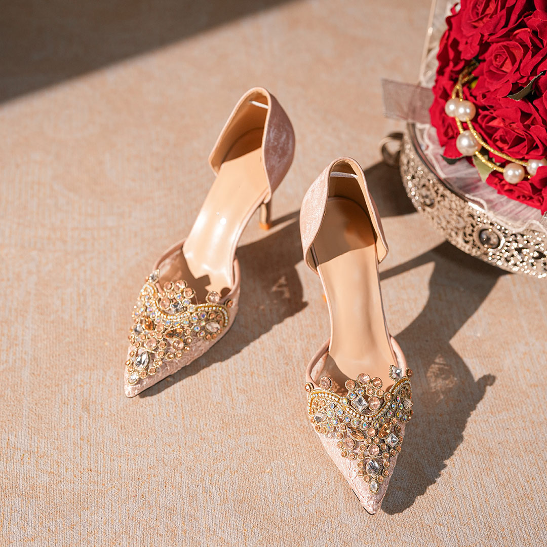 High Heel Mesh Point Toe Wedding Shoes With Rhinestone